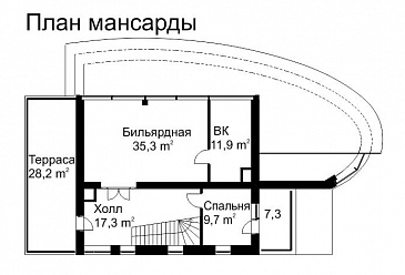 Проект современного дома из кирпича с панорамным остеклением / План мансардного этажа Проект современного дома из кирпича с панорамным остеклением / План мансардного этажа