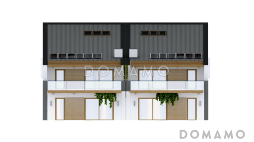 Проект мансардных домов-близнецов из газобетона современного дизайна с гаражом и террасой на втором этаже / Фасад 2