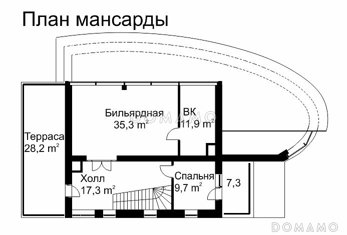 Проект современного дома из кирпича с панорамным остеклением / План мансардного этажа Проект современного дома из кирпича с панорамным остеклением / План мансардного этажа