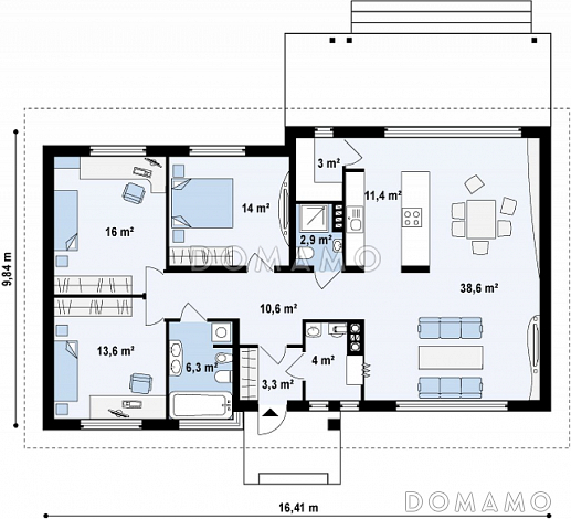 Проект одноэтажного дома из газобетона с тремя спальнями, просторной дневной зоной и с возможностью обустройства мансарды / План 1 этажа