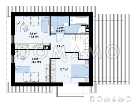 Проект одноэтажного мансардного дома из кирпича с гаражом и тремя спальнями / План мансардного этажа