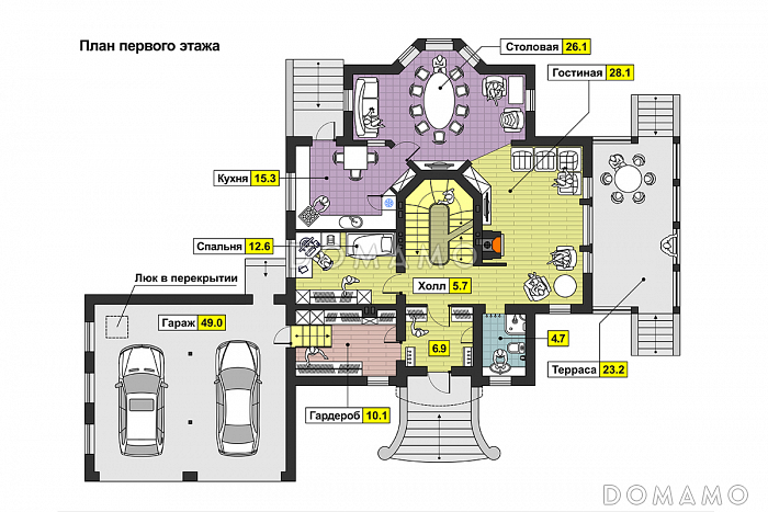 Проект дома с бассейном и просторной комнатой отдыха в цокольном этаже, сауной, гаражом на два автомобиля, открытой террасой, столовой с эркером / План 1 этажа Проект дома с бассейном и просторной комнатой отдыха в цокольном этаже, сауной, гаражом на два автомобиля, открытой террасой, столовой с эркером / План 1 этажа
