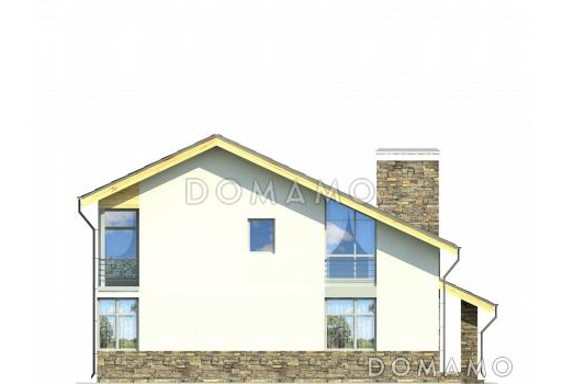 Проект дома с мансардными окнами, вторым светом, вытянутой крытой террасой, объединенной кухней-гостиной / Фасад 2