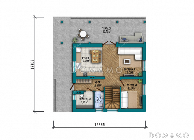 Проект дома с мансардой, большой угловой террасой и балконом / План 1 этажа
