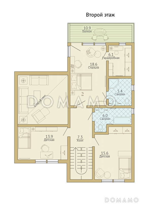 Проект каркасного дома с навесом для машины / План 2 этажа