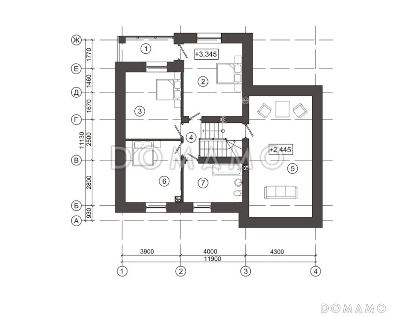Проект загородного дома с планировкой в стиле квартир студийного типа / План мансардного этажа