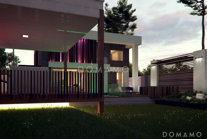 Проект современного двухэтажного дома из кирпича с дополнительной спальней на первом этаже и гаражом Проект современного двухэтажного дома из кирпича с дополнительной спальней на первом этаже и гаражом