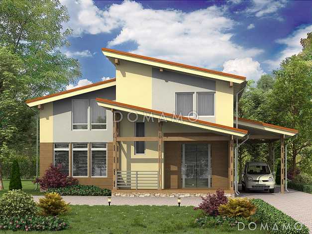 Проект каркасного дома с навесом для машины