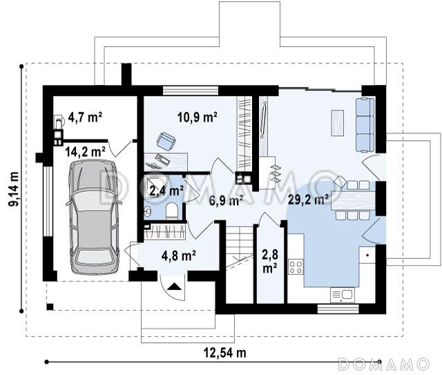 Проект одноэтажного мансардного дома из кирпича с кабинетом, гаражом и четырьмя спальнями / План 1 этажа