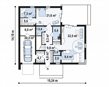 Проект современного двухэтажного дома из газобетона в стиле модерн, с террасой на втором уровне, с гаражом / План 1 этажа Проект современного двухэтажного дома из газобетона в стиле модерн, с террасой на втором уровне, с гаражом / План 1 этажа
