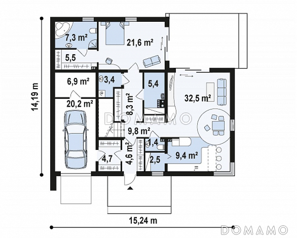 Проект современного двухэтажного дома из газобетона в стиле модерн, с террасой на втором уровне, с гаражом / План 1 этажа Проект современного двухэтажного дома из газобетона в стиле модерн, с террасой на втором уровне, с гаражом / План 1 этажа