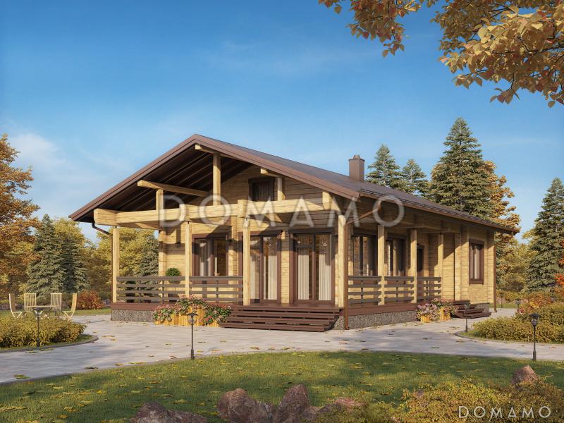 Проект дома из бруса с двумя спальнями и большой угловой террасой / План 1 этажа