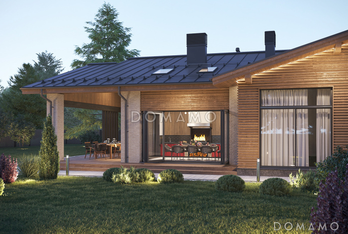 Проект одноэтажного дома с приватным блоком, спа-зоной, навесом для двух автомобилей и террасой с барбекю