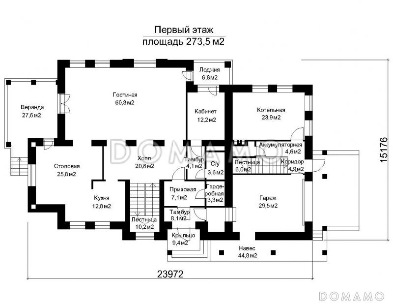 Проект двухэтажного дома с колоннами / План 1 этажа