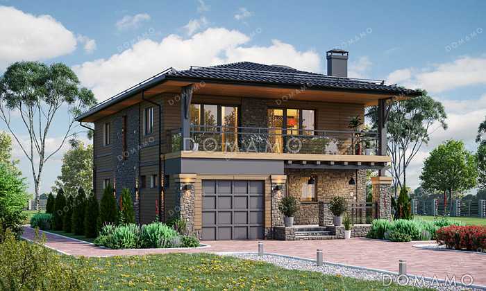 Проект двухэтажного дома с гаражом, 4 спальнями, широким балконом и большим крыльцом