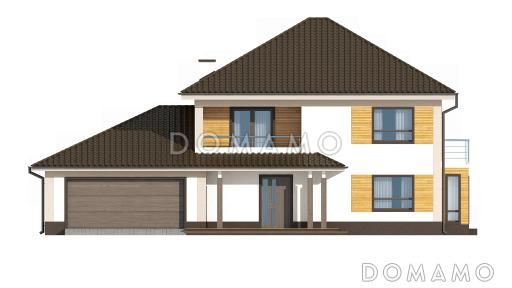 Проект двухэтажного дома из газобетона с эркером и балконом над ним, с тремя спальнями, кабинетом и двухместным гаражом / Фасад 1