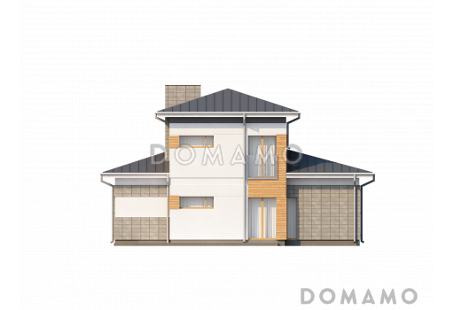 Проект современного двухэтажного дома из кирпича с четырьмя спальнями и пристроенным гаражом / Фасад 3