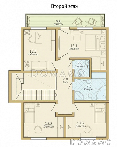 Проект каркасного дома с просторной угловой террасой / План мансардного этажа