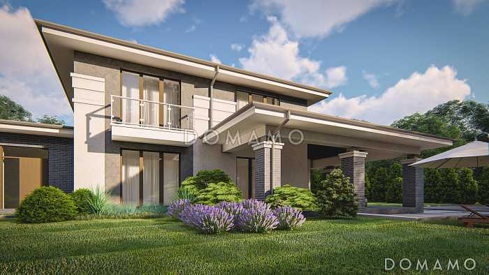 Проект дома с гаражом на 2 машины, большой гостиной, проходом на кухню из прихожей, отдельным входом в котельную