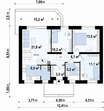 Проект компактного одноэтажного дома из кирпича с тремя спальнями и небольшой крытой террасой / План 1 этажа Проект компактного одноэтажного дома из кирпича с тремя спальнями и небольшой крытой террасой / План 1 этажа