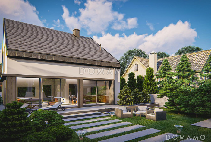 Проект загородного дома с панорамным остеклением гостиной, гаражом, кладовой и мастер-спальней на мансарде Проект загородного дома с панорамным остеклением гостиной, гаражом, кладовой и мастер-спальней на мансарде