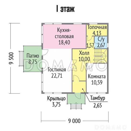 Проект каркасного дома с небольшим патио / План 1 этажа