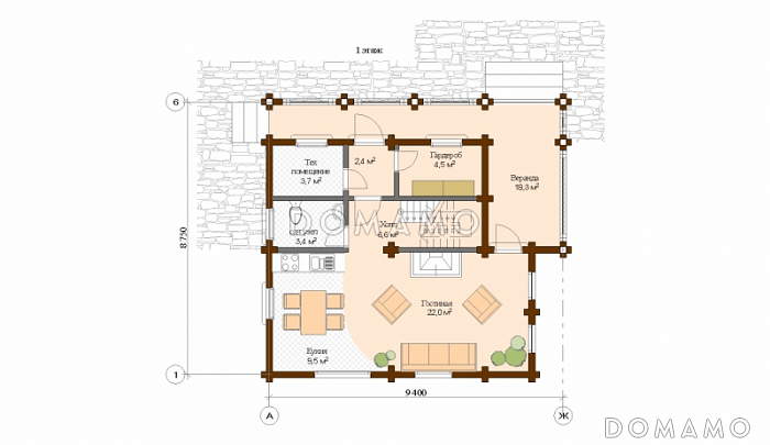 Проект дома из клееного бруса с многощипцовой крышей / План 1 этажа