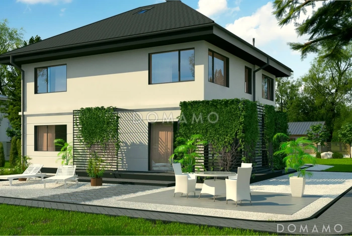 Проект двухэтажного дома с гаражом, мастер-спальней и гардеробными в спальнях Проект двухэтажного дома с гаражом, мастер-спальней и гардеробными в спальнях