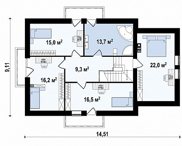 Проект одноэтажного коттеджа из газобетона с мансардным этажом, пятью спальнями и гаражом / План мансардного этажа Проект одноэтажного коттеджа из газобетона с мансардным этажом, пятью спальнями и гаражом / План мансардного этажа
