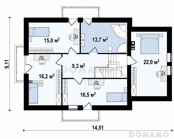 Проект одноэтажного коттеджа из газобетона с мансардным этажом, пятью спальнями и гаражом / План мансардного этажа Проект одноэтажного коттеджа из газобетона с мансардным этажом, пятью спальнями и гаражом / План мансардного этажа