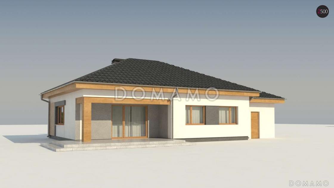 Проект одноэтажного дома из кирпича с тремя спальнями и небольшой крытой угловой террасой, увеличенная версия 273 с гаражом / 6