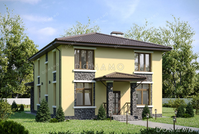 Проект двухэтажного дома с 4 спальнями, кабинетом, просторной кухней-гостиной и длинной крытой террасой Проект двухэтажного дома с 4 спальнями, кабинетом, просторной кухней-гостиной и длинной крытой террасой