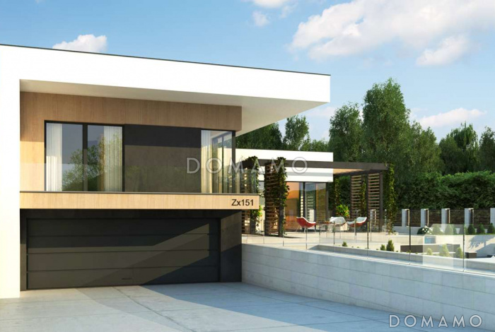 Проект современного двухэтажного дома из кирпича с подземным гаражом и террасой на втором уровне Проект современного двухэтажного дома из кирпича с подземным гаражом и террасой на втором уровне