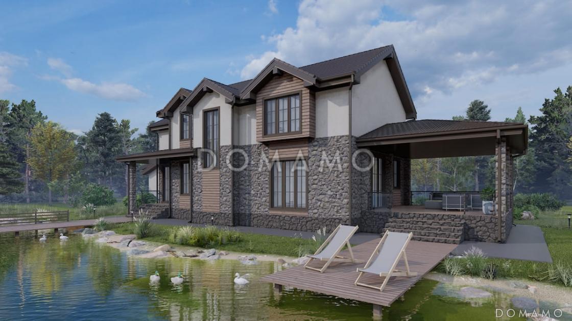 Проект коттеджа с мансардой, двусветной гостиной, сауной и верандой / 1