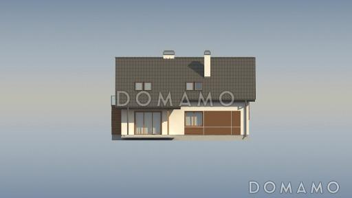 Проект одноэтажного мансардного дома из кирпича с эркером в столовой зоне, кабинетом и со встроенным гаражом / Фасад 1