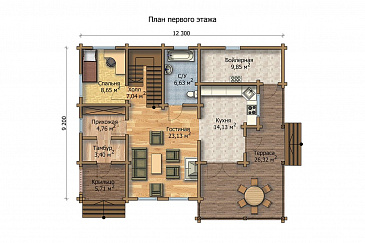 Проект дома из клееного бруса с небольшой лоджией на втором этаже / План 1 этажа Проект дома из клееного бруса с небольшой лоджией на втором этаже / План 1 этажа