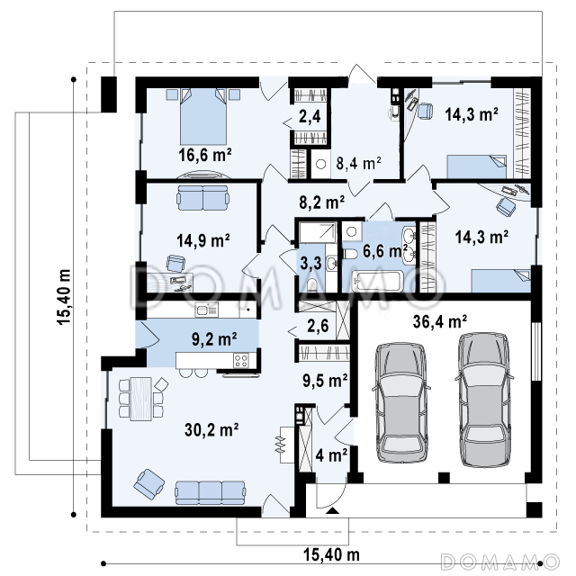 Проект квадратного одноэтажного дома из кирпича с четырьмя комнатами и гаражом для большой семьи / План 1 этажа