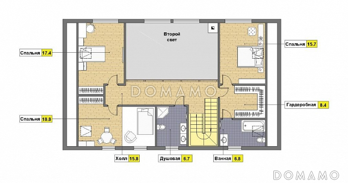Проект дома из пеноблоков в стиле шале с сауной / План мансардного этажа