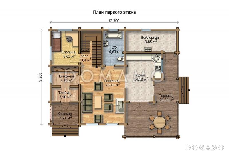 Проект дома из клееного бруса с небольшой лоджией на втором этаже / План 1 этажа