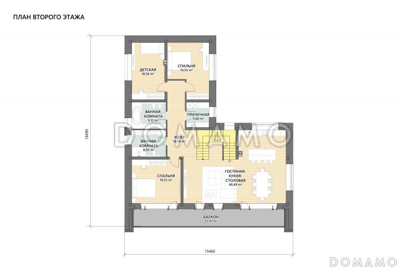 Проект двухэтажного кирпичного коттеджа с мастер-спальней, сауной и террасой барбекю / План 2 этажа