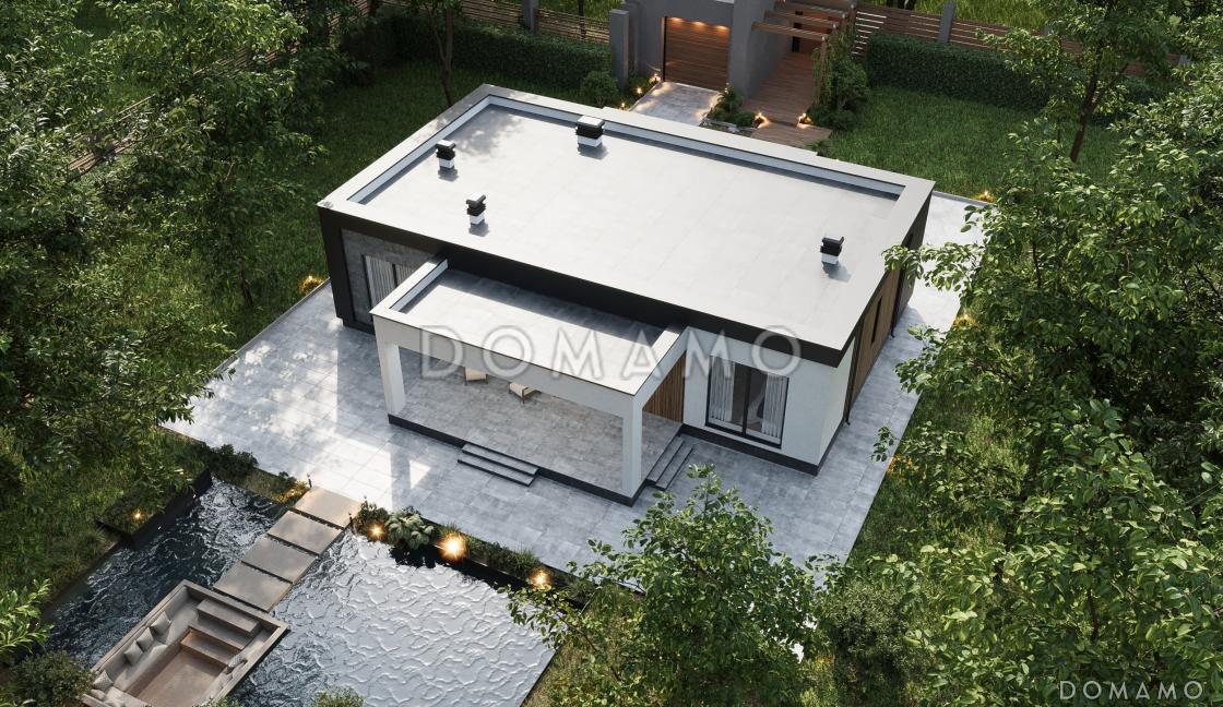 Проект одноэтажного газобетонного дома в стиле хай-тек с двумя спальнями, кабинетом и крытой террасой / 6