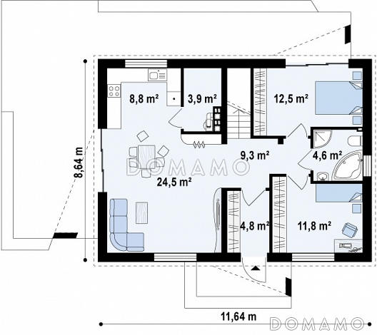 Проект компактного одноэтажного дома из кирпича с двумя спальнями, светлой дневной зоной и кладовой рядом с кухней / План 1 этажа Проект компактного одноэтажного дома из кирпича с двумя спальнями, светлой дневной зоной и кладовой рядом с кухней / План 1 этажа