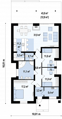 Проект одноэтажного дома из кирпича с тремя спальнями и крытой террасой / План 1 этажа