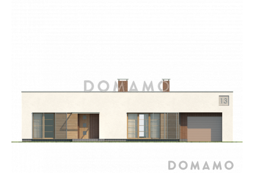 Проект современного одноэтажного дома из газобетона с плоской крышей, тремя спальнями и гаражом  / Фасад 3