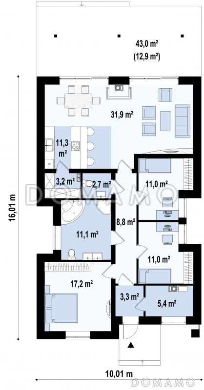 Проект одноэтажного дома из кирпича с тремя спальнями и крытой террасой / План 1 этажа