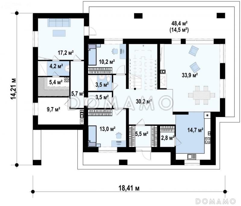 Проект загородного дома с комнатой отдыха, сауной, террасами, кладовой / План 1 этажа