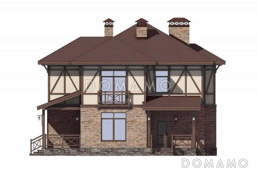 Проект дома с крытой террасой, кладовой под лестницей. эркерами, гостевой на первом этаже, спальнями и кабинетом на втором этаже / Фасад 1