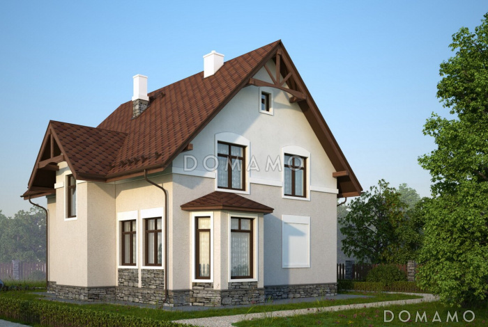 Проект теплого дачного дома с остекленной верандой и декоративными балками под коньком крыши Проект теплого дачного дома с остекленной верандой и декоративными балками под коньком крыши