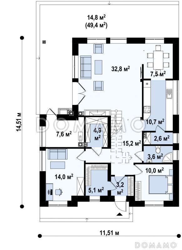 Проект дома с террасой, кабинетом, кладовой, вторым светом, мастер-спальней / План 1 этажа