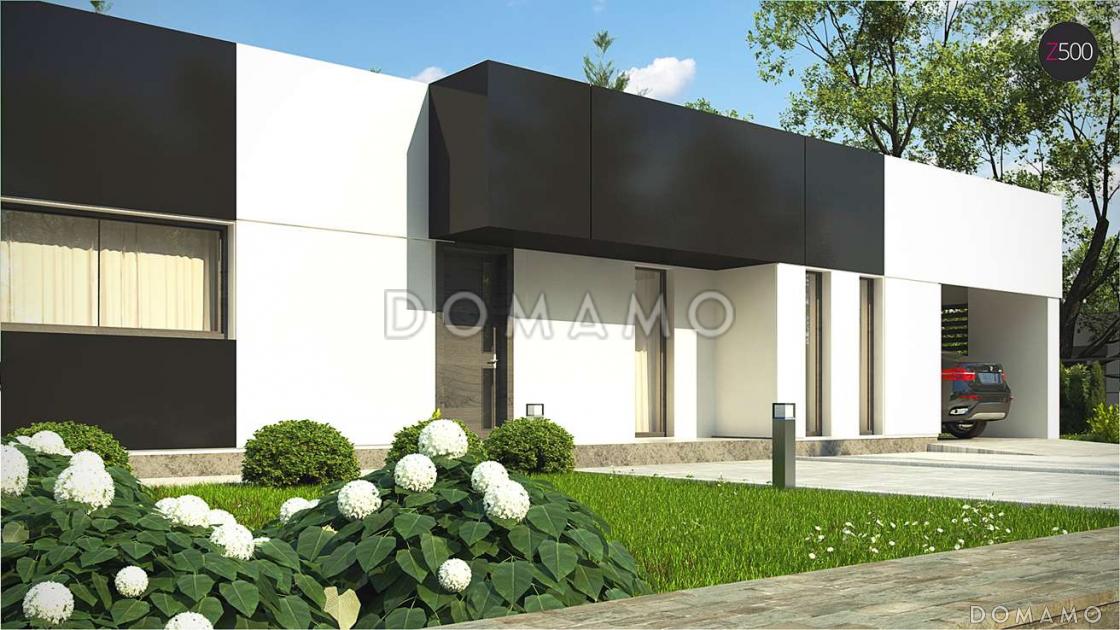 Проект современного одноэтажного дома из газобетона с плоской крышей, с тремя спальнями, террасой и навесом для двух автомобилей  / 2